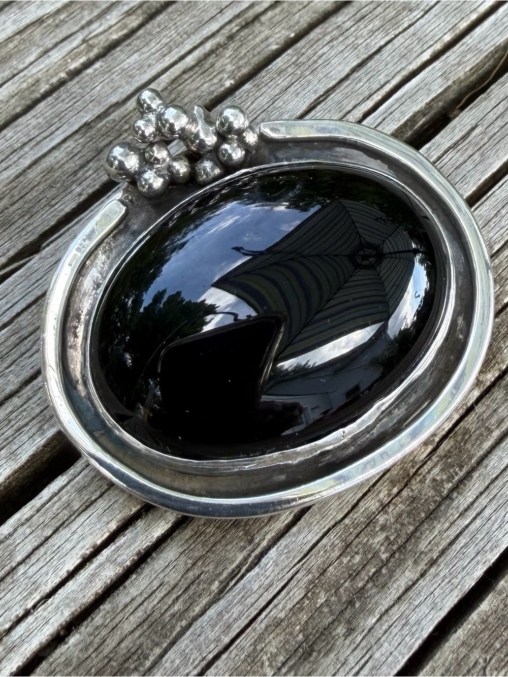 Sterling Oval Onyx  Brooch Marked JOR Modernist Pin As Is 1.5” Length X 1.25” Ht